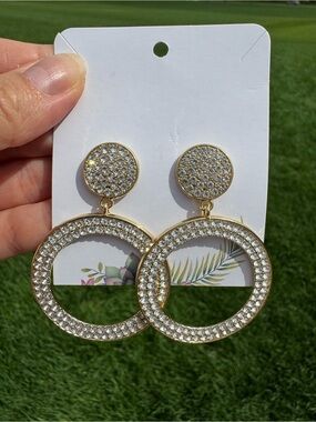 $12 or Bundle 3/$30!! Gold Crystal Pavé Double Circle Drop Earrings